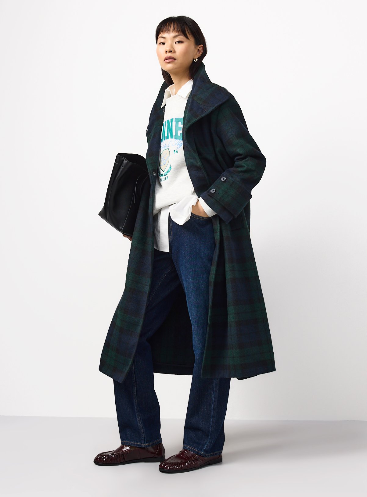 Navy Funnel Neck Check Coat XS - Image 3 thumbnail